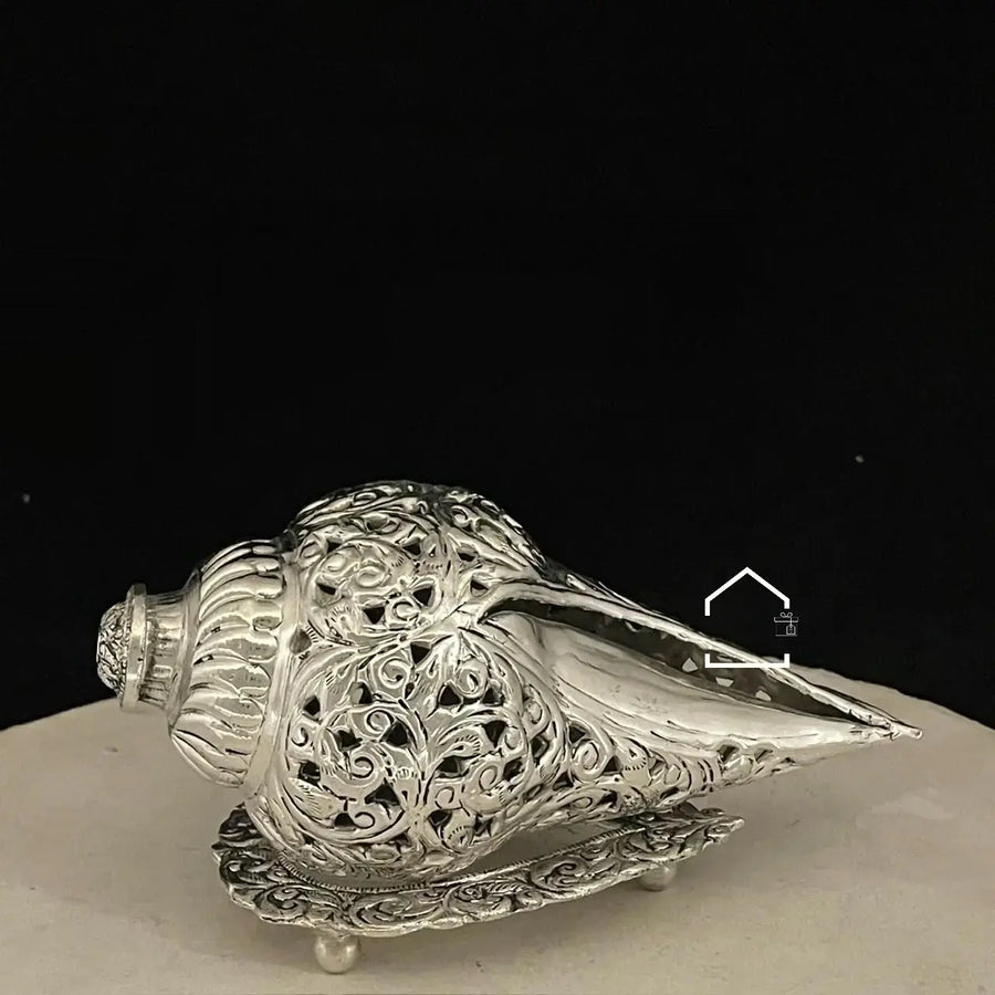 German Silver Hand-Carved Shankh with Stand
