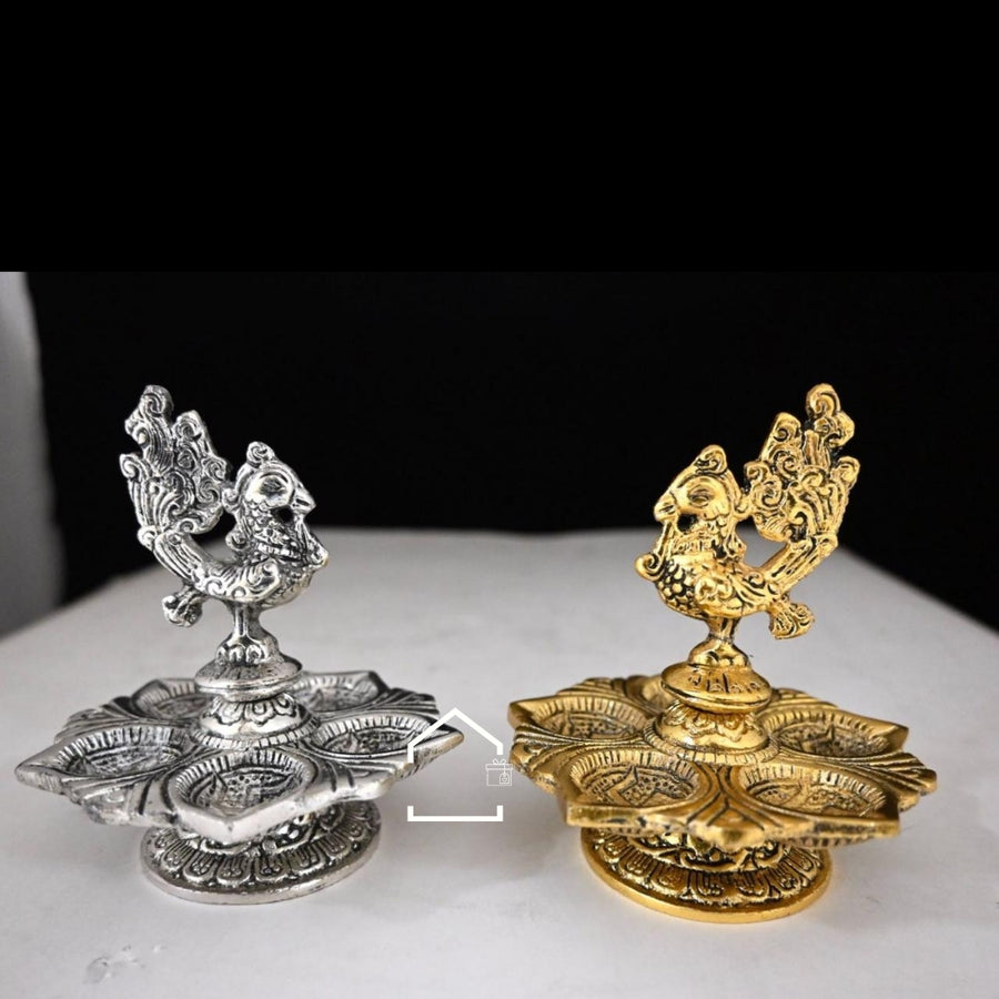 Royal Peacock German Silver 5-Wick Diya Set of 2