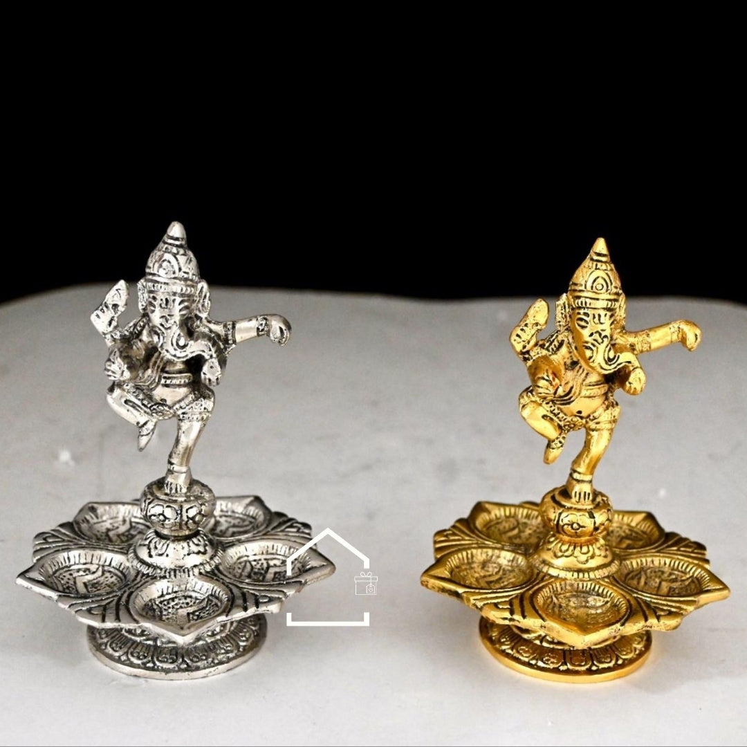 Royal Ganeshji German Silver 5-Wick Diya Set of 2
