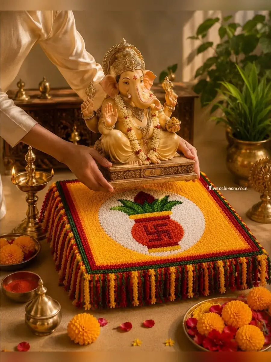 Royal Chowki Aasan – Kalash & Swastik Pooja Cover