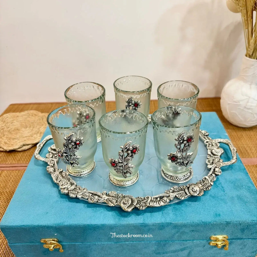 Maharaja Silver 6 Glass & Tray Set with Box