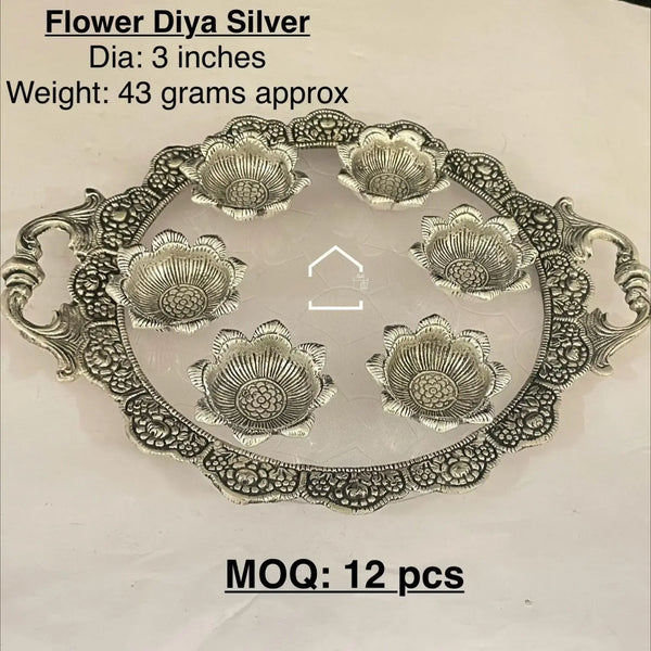 Royal Silver Flower Diya Set of 12