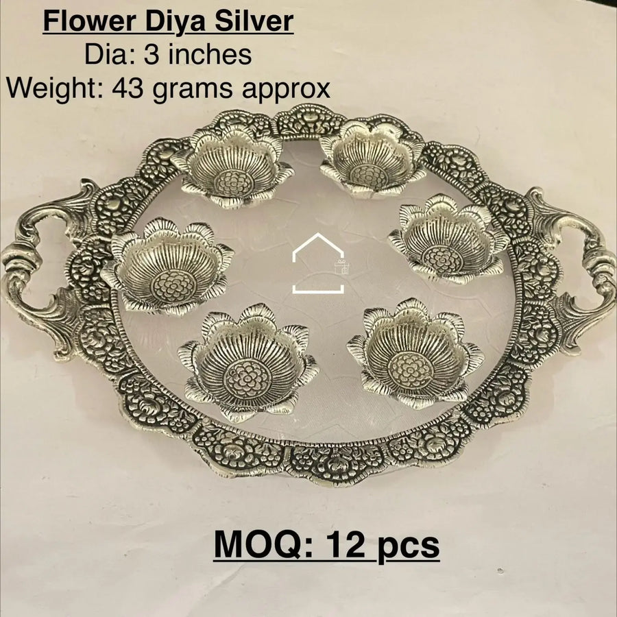 Royal Silver Flower Diya Set of 12