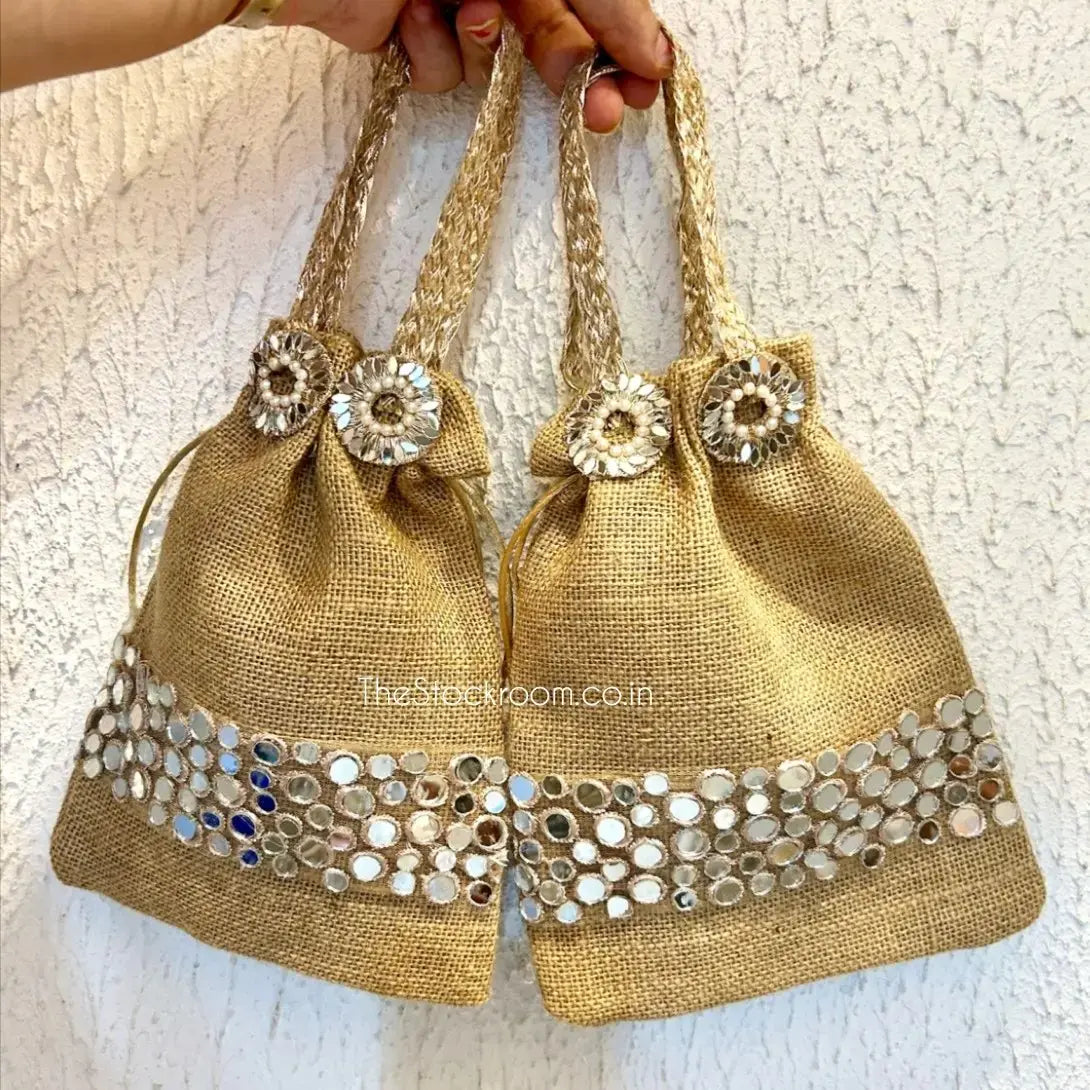 Giveaway Jute Mirror Work Potli With Handle