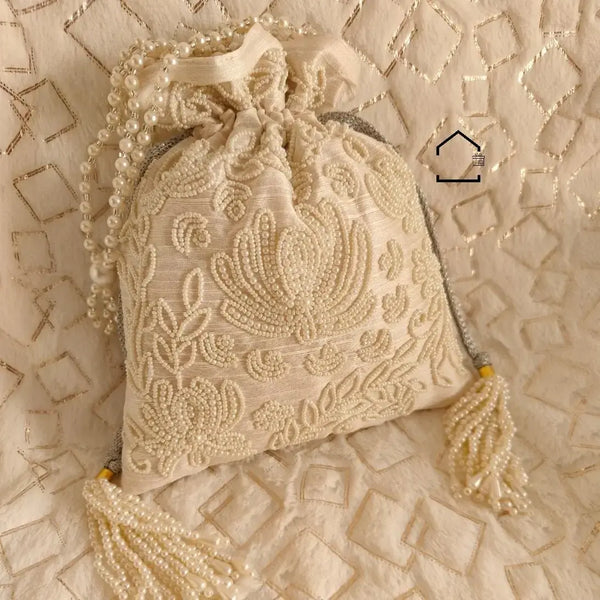 Royal Pearl Silk Potli Bag with Moti Handwork
